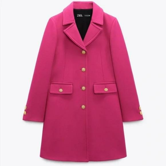 ZARA LIMITED EDITION FUCHSIA WOOL COAT GOLD BUTTONS - Picture 2 of 8